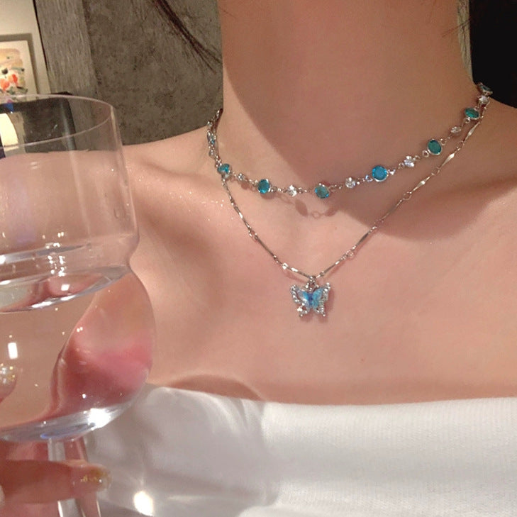 Blue Zircon Butterfly Collarbone Chain