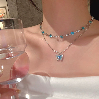 Blue Zircon Butterfly Collarbone Chain